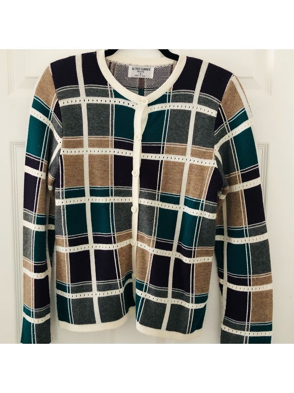 Petite Small Alfred Dunner Vintage Windowpane Cardigan Earthy Tones Cottagecore
